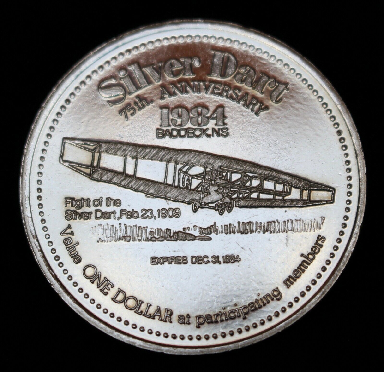 1984 MacPUFFIN DOLLAR Cape Breton Island Nova Scotia - Silver Dart 75th Anniv.